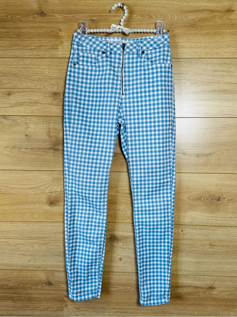 Blue Gingham Skinny Jeans for Women